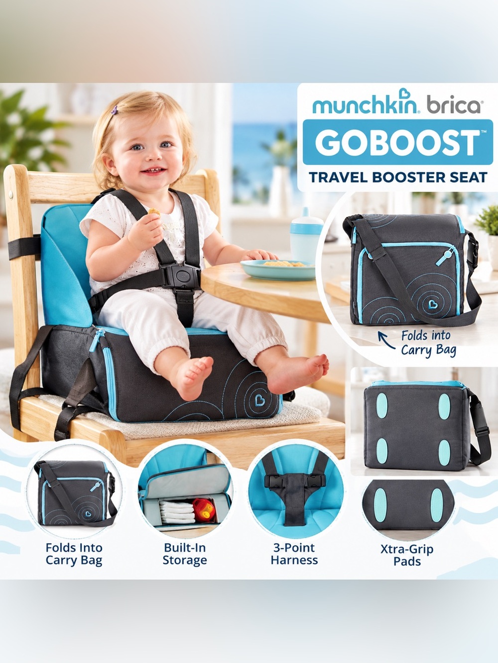 Munchkin Brica GoBoost Travel Booster Seat 3-Point Harness Carry Bag